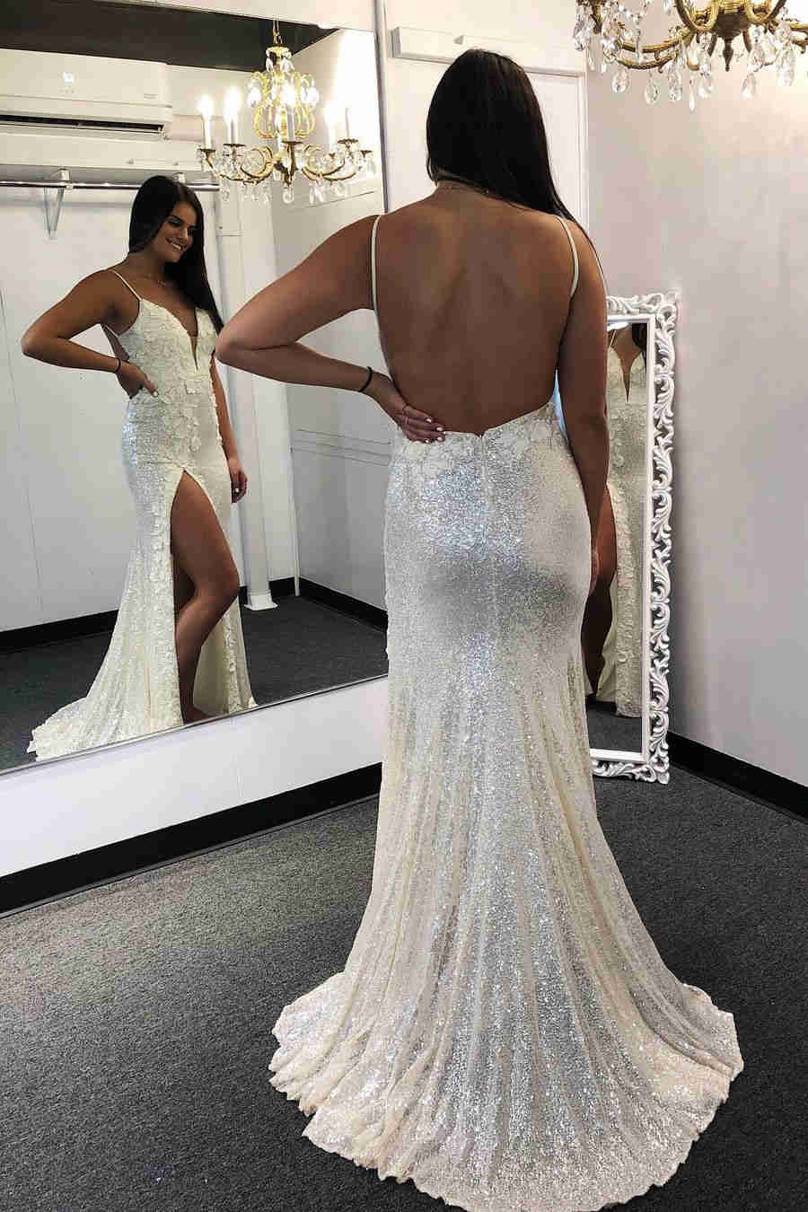 Beach Wedding Dress With Chapel Train White V-neck Sleeveless Backless Lace  Split Long Bridal Gowns – Dbrbridal
